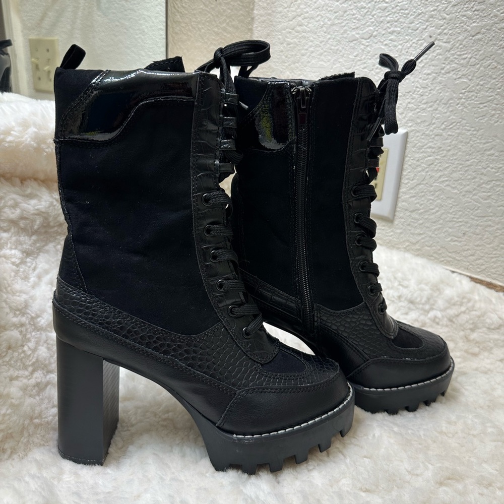 NW BAMBOO Black Heeled Lace-Up Boots